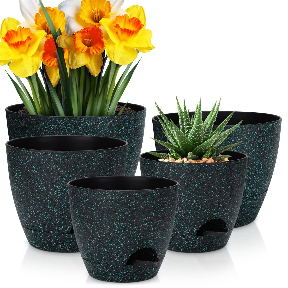 YNNICO Plant Pots 10/9/8/7.5/7 inch, Self Watering Planters with Drainage Holes & Saucers for Indoor and Outdoor Plants (Green Speckles)