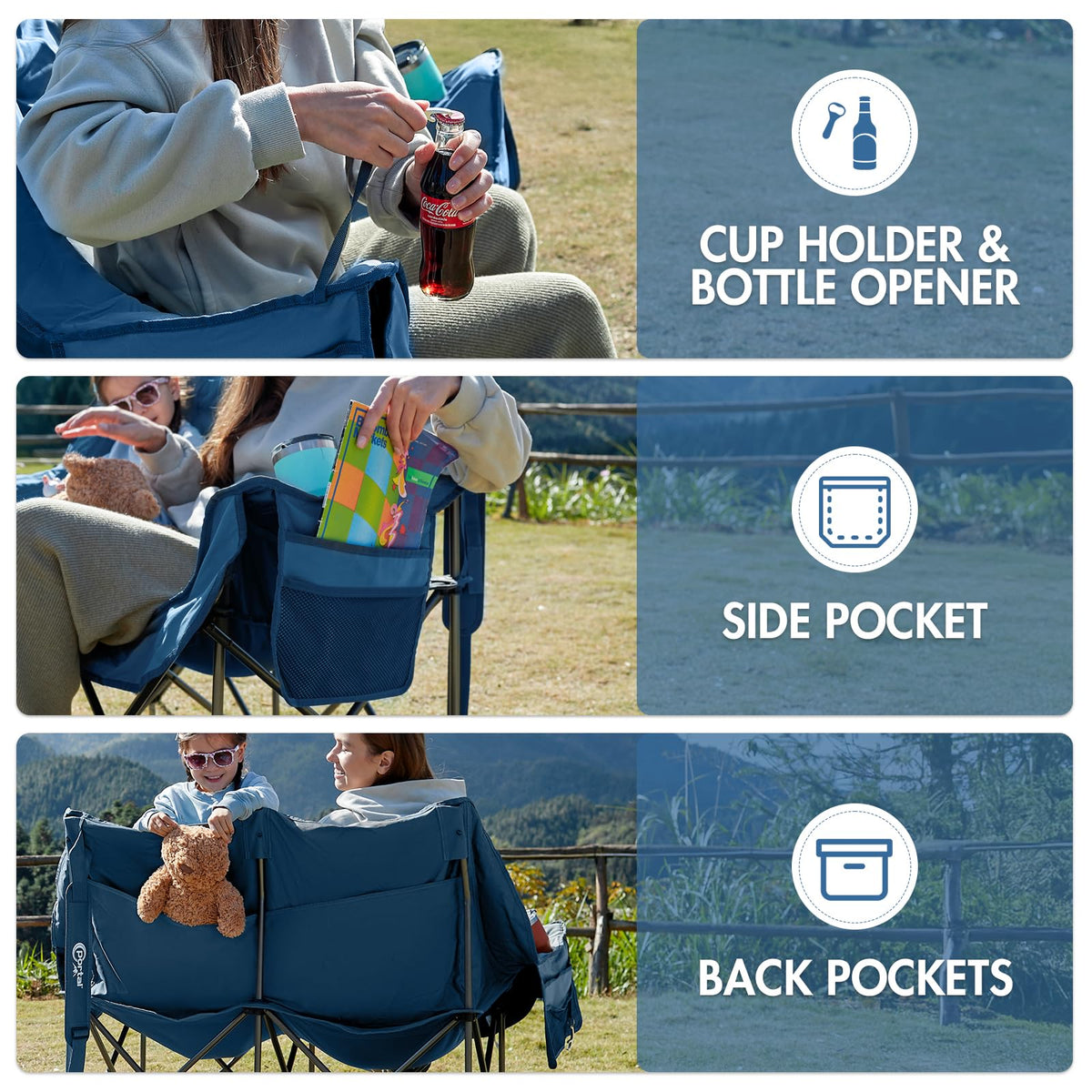 Portal Double Camping Chair, 2 Person Folding Loveseat for Adults, Padded Cushion Camp Lawn Love Seat with Side Pocket Portable Couch, Two Person Heavy Duty Wide Chairs with Cup Holder, 600 lbs