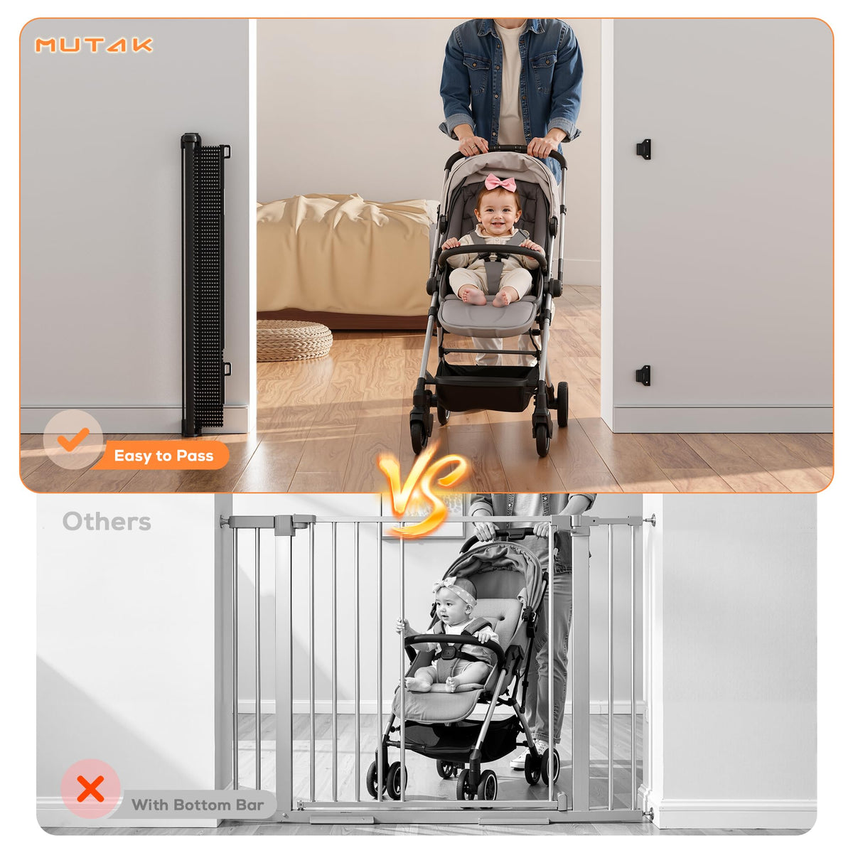Mutak Retractable Baby Gate for Stairs, 42" Tall X 200" Wide Mesh Dog Gate Indoor, Child Gate for Doorways, Hallways, Deck, Indoor Outdoor Pet Baby Safety Essentials for Home, Black