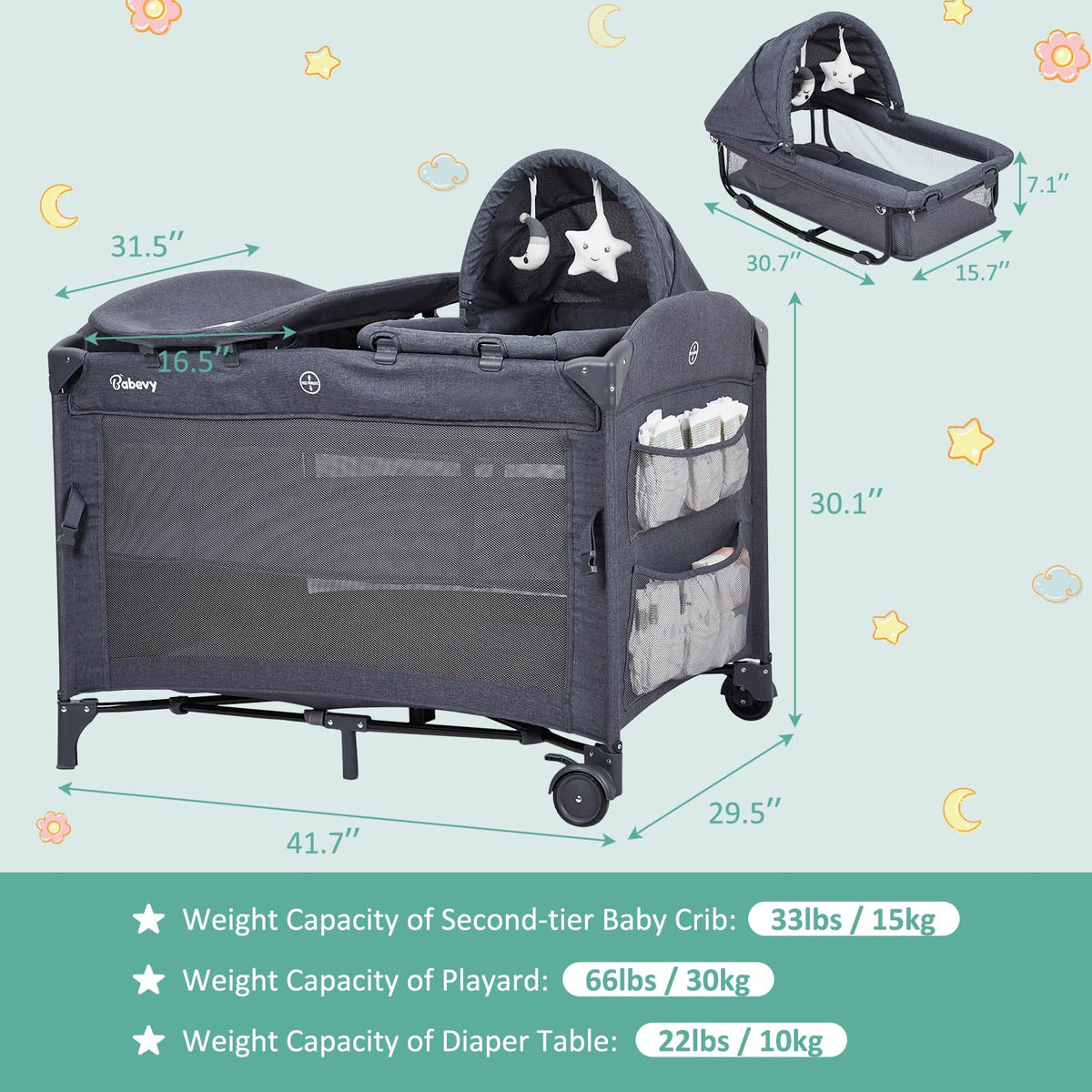 5 in 1 Pack and Play Bedside Sleeper with Bassinet, Diaper Changer & Hanging Toy, Portable Crib Nursery Center for Newborns to Toddlers, Grey