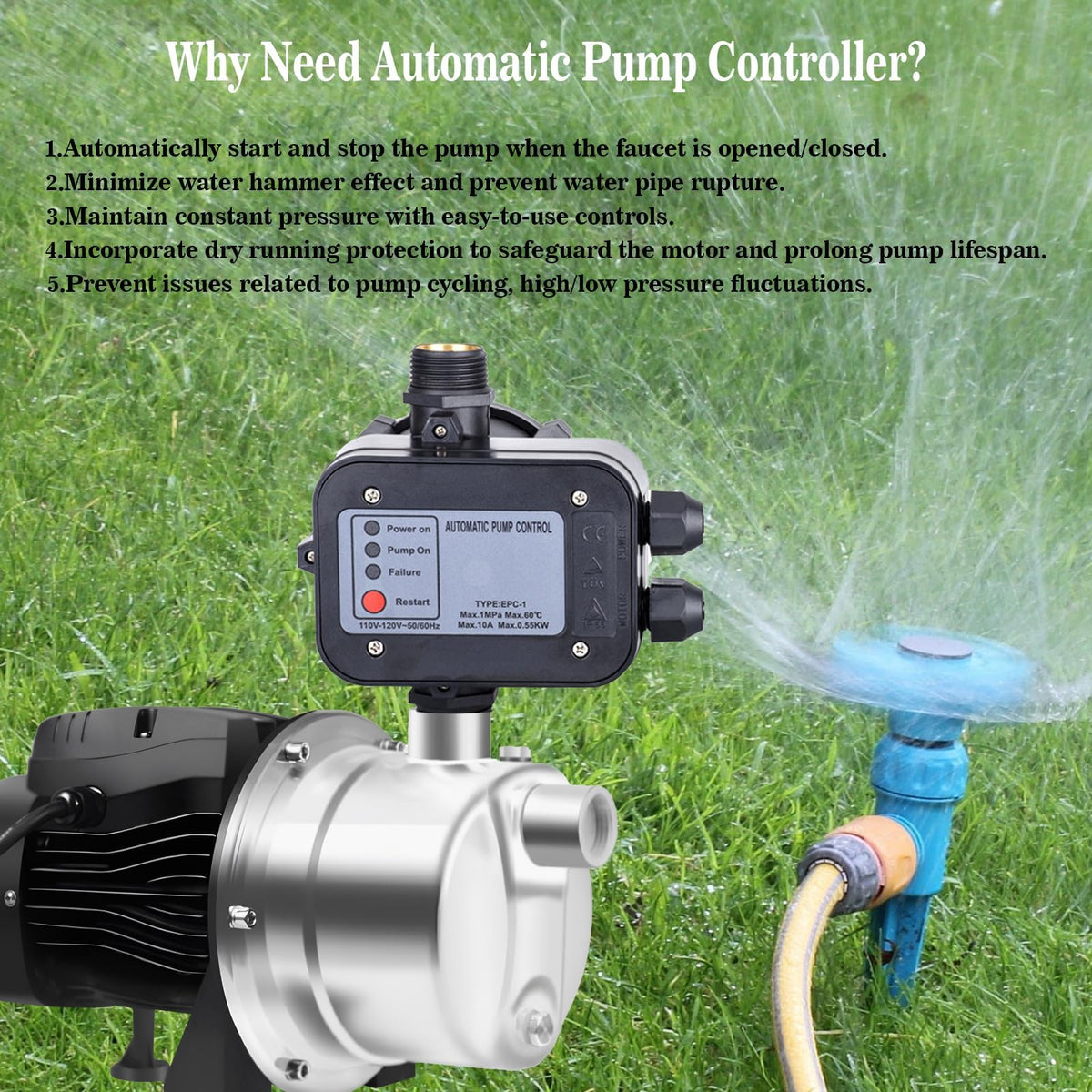 MARSTEK IP65 Automatic Water Pump Controller，Water Pump Pressure Switch Water Flow Sensor Switch Electronic Pump Pressure Regulator for Self-priming Pump，110V-120V~50/60Hz
