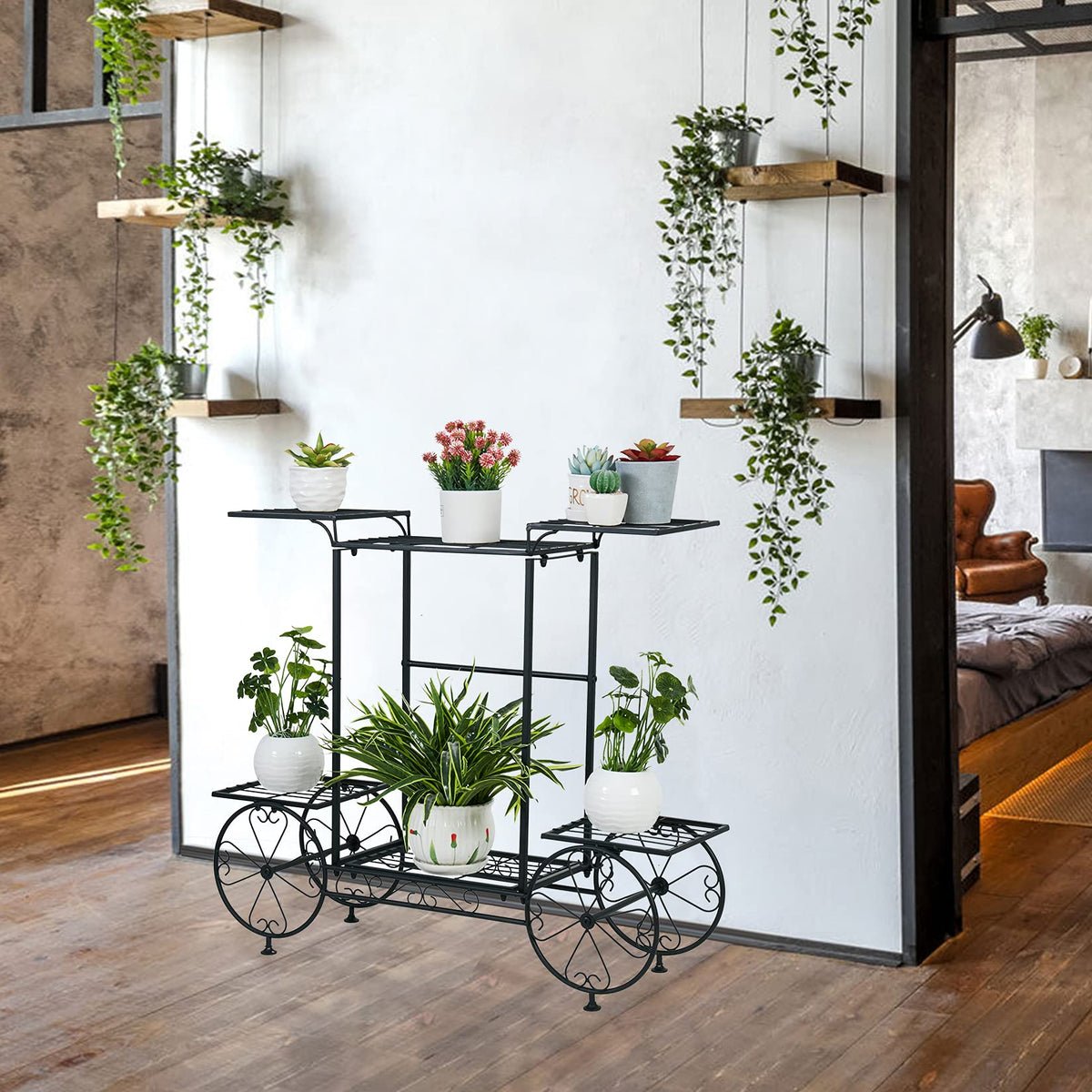 unho Metal Plant Stand Indoor: 6 Tier Garden Cart Flower Planter Pot Holder Parisian Style Wrought Iron Display Shelf Rack Decorating Garden Home Patio Condo Porch