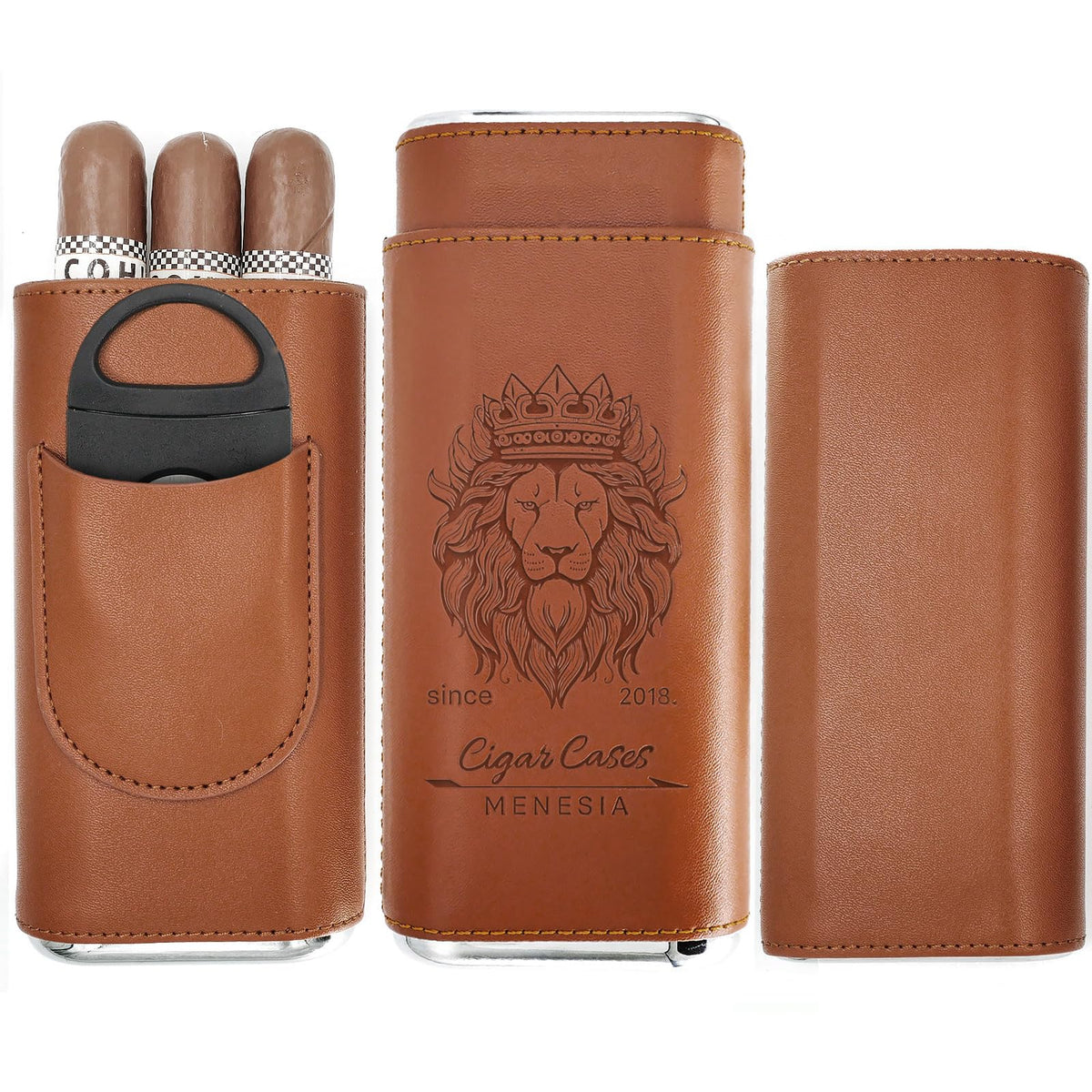 menesia Brown Cigar Case with Cutter - Portable Leather Travel Cigar Holder and Pouch Kit for Men