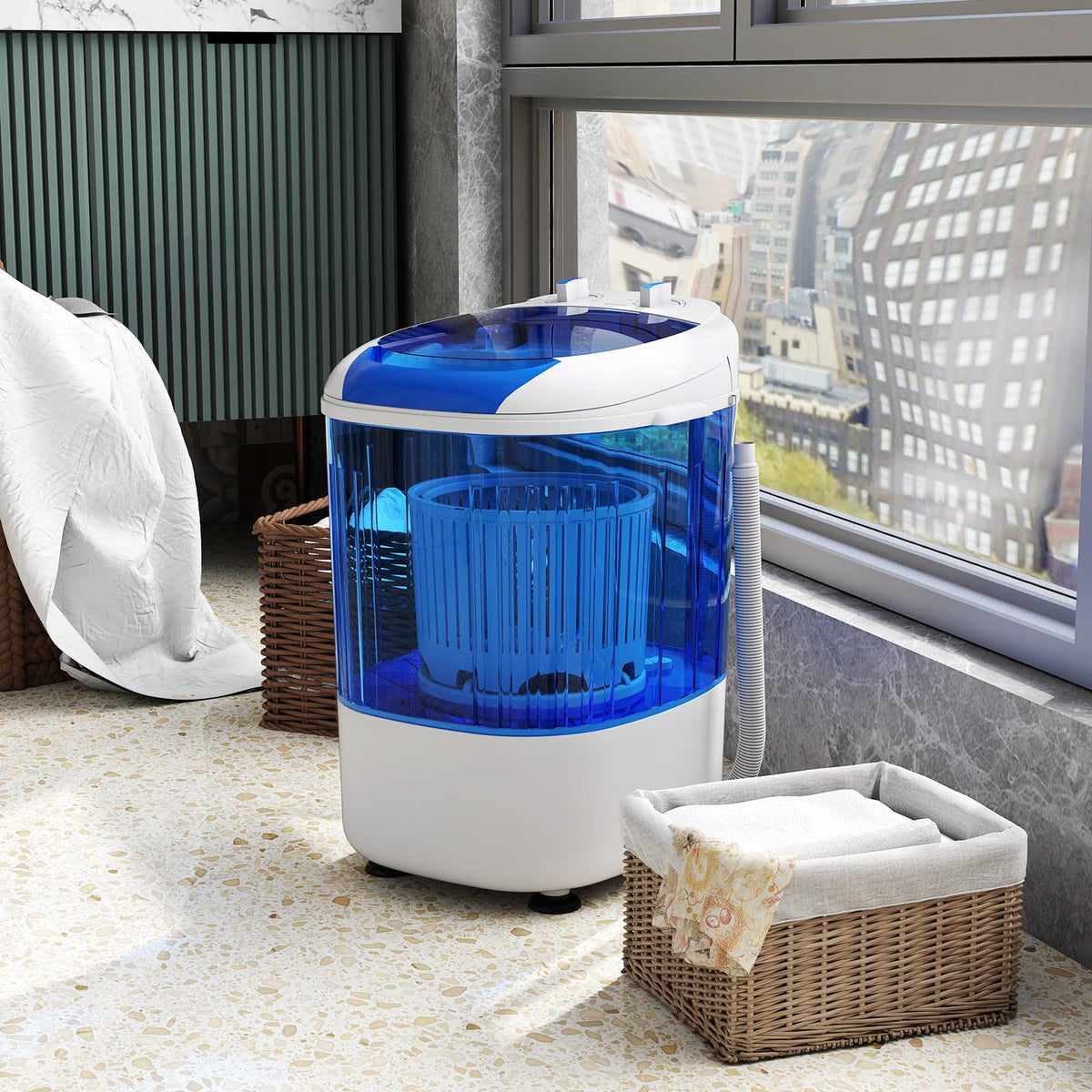 Giantex Portable Mini Washing Machine, 5.5 lbs Capacity Small Compact Laundry Washer with Spin Tub & Drain Hose, Semi-automatic Washer Machine for Apartment Dorms RV Home (Blue)