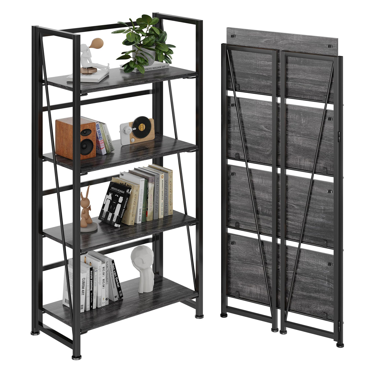BHG Vintage Multifunctional Folding Bookshelf, No-Assembly Plant Stand Storage Rack Shelves for Home Office (Gray, 4-Tier)