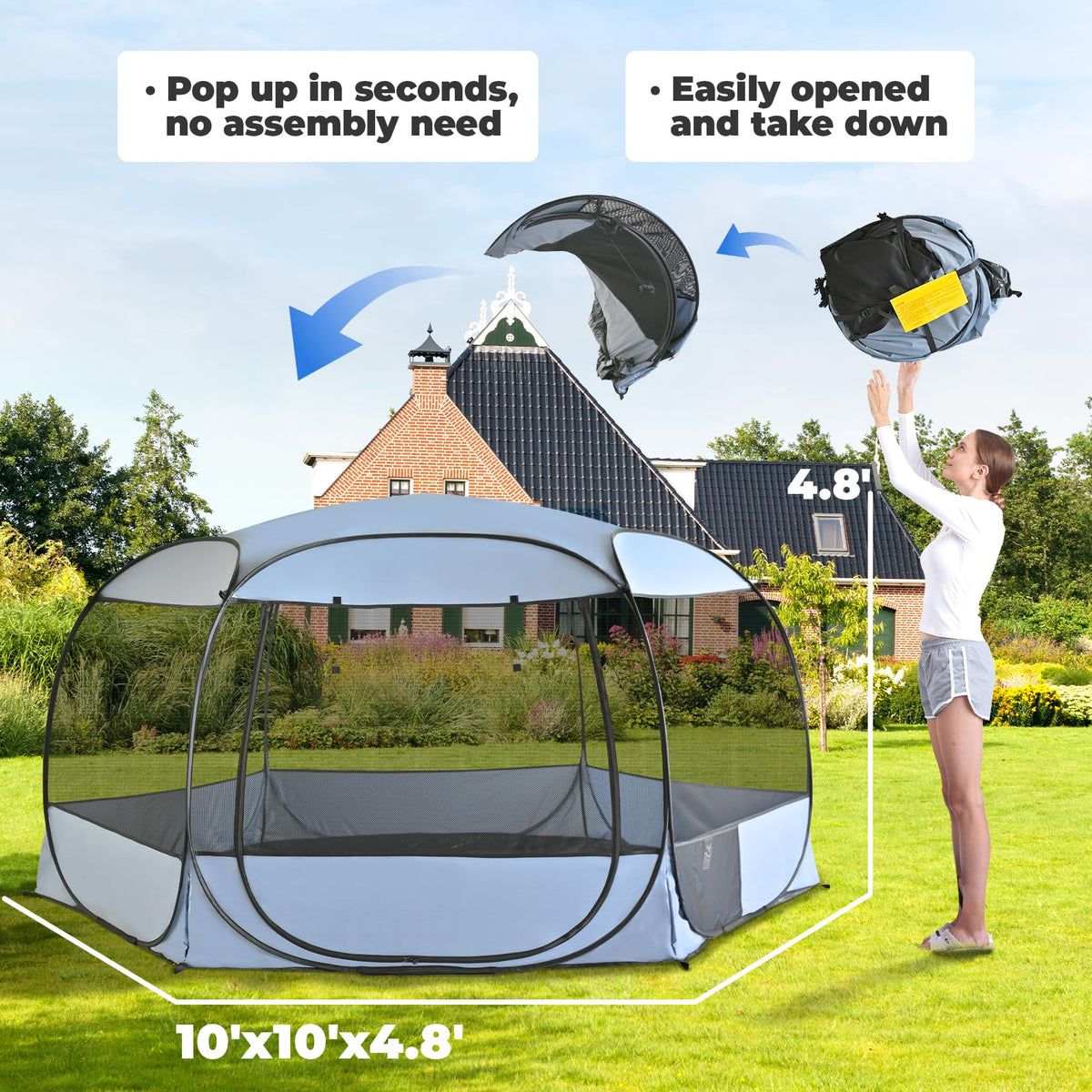 XXLarge Popup Portable Dog Houses, 10'x4.8'H Assembly-Free Gazebo-Style Kennel Dog Playpen Pet Screen Tent Sun Shade Shelter, Dog Crates Canopy for Travel Camping Anti-Bugs with Leakproof Bottom