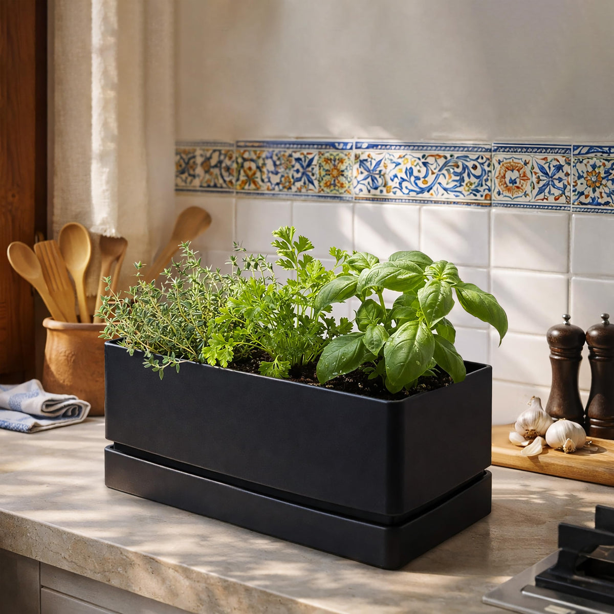 D'vine Dev 12" x 6.5" Window Box Planter, Rectangular Plastic Herb Planter with Drainage Holes & Saucer, Succulent, Cactus & Vegetable Pot for Windowsills/Balconies, Black, Set of 2, 76-P-B-2