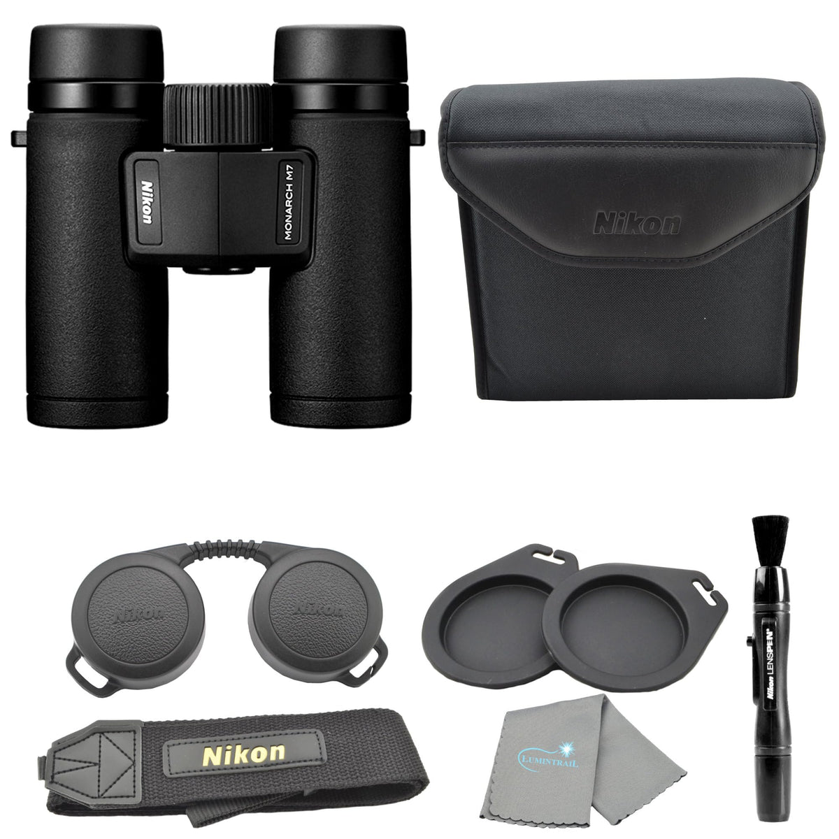 Monarch M7 8x30 (16763) Black Binoculars Bundle with Lens Pen and Cleaning Cloth, Compact Binoculars for Adults for Hunting, Bird Watching, and Hiking Essentials, Zoom Lightweight Travel