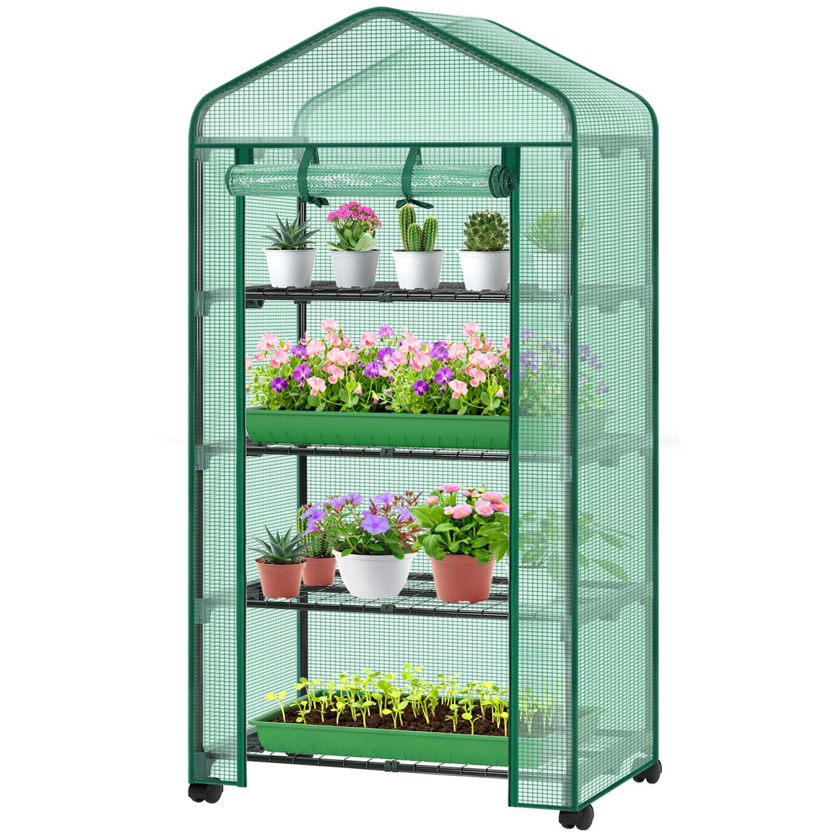 Ohuhu Small Greenhouse for Indoor Outdoor with Wheel, Portable Plastic Plant Green House 4-Tier Rack Stand Portable Greenhouses with Durable PE Cover for Seedling