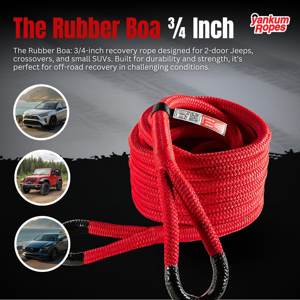 Yankum Kinetic Recovery Rope - Heavy Duty 3/4" x 30' Tow Rope, Off-Road & Vehicle Recovery Kit, Kinetic Energy Snatch Strap, Soft Shackles for 4x4, Jeep, and Trucks, Made in USA – Rubber Boa Series