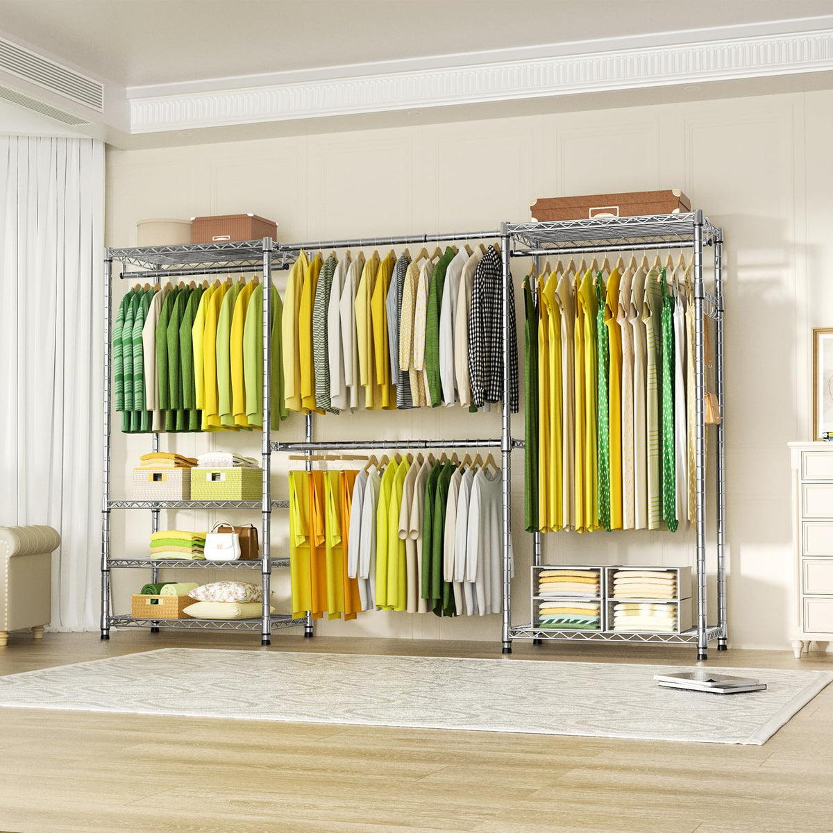 Ulif E1 Heavy Duty Closet Garment Rack, 6 Tiers Adjustable Metal Freestanding Expandable Clothing Storage with 4 Hanger Rods, Easy to Assemble Wardrobe, 71.4" H x (70" - 88.2") L x 14" D, Chrome