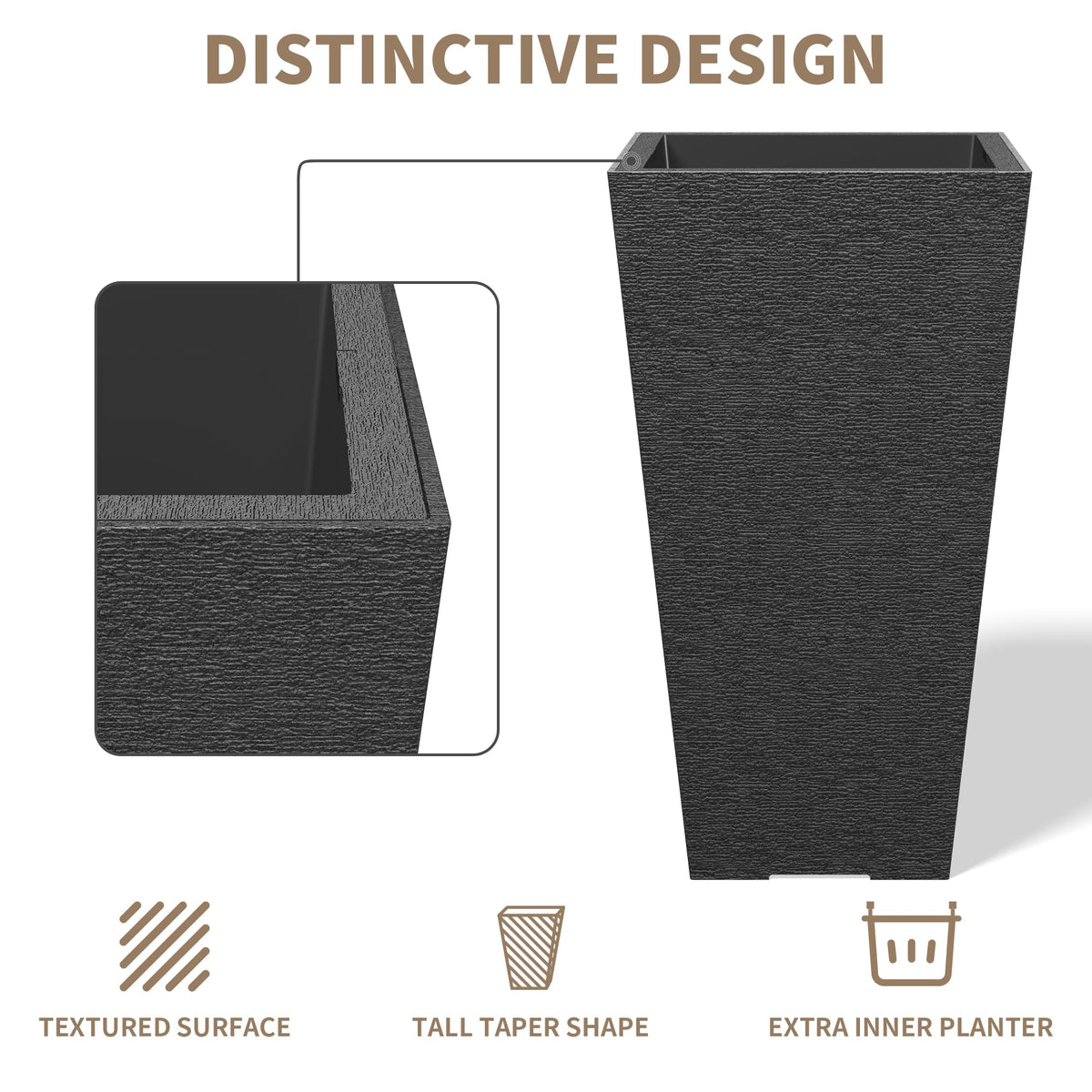 Kante 22 Inch Tall Planter Set of 2, Large Taper Planter for Outdoor Indoor Garden Patio Front Door (Black)