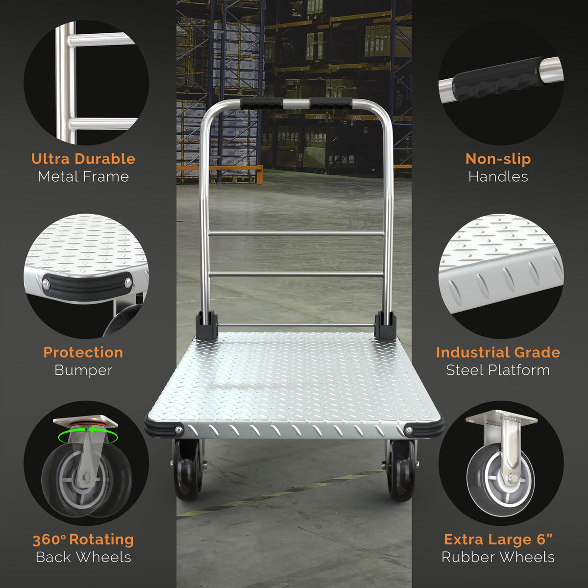2200 lbs. Capacity Foldable Push Cart Dolly | Moving Platform Hand Truck | Heavy Duty Space Saving Collapsible | Swivel Flat Bed Wagon - Furniture Luggage Lifting