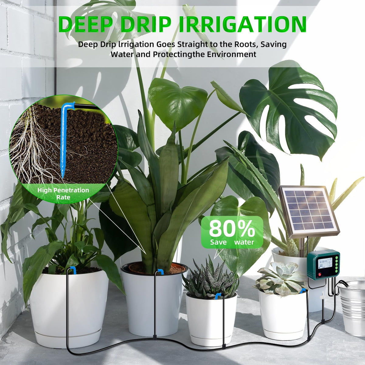 Solar Automatic Drip Irrigation Kit System,Automatic Plant Watering Devices Programmable Water Timer,LED Display for 15 Potted Plants Outdoor Indoor Garden Balcony Vacation