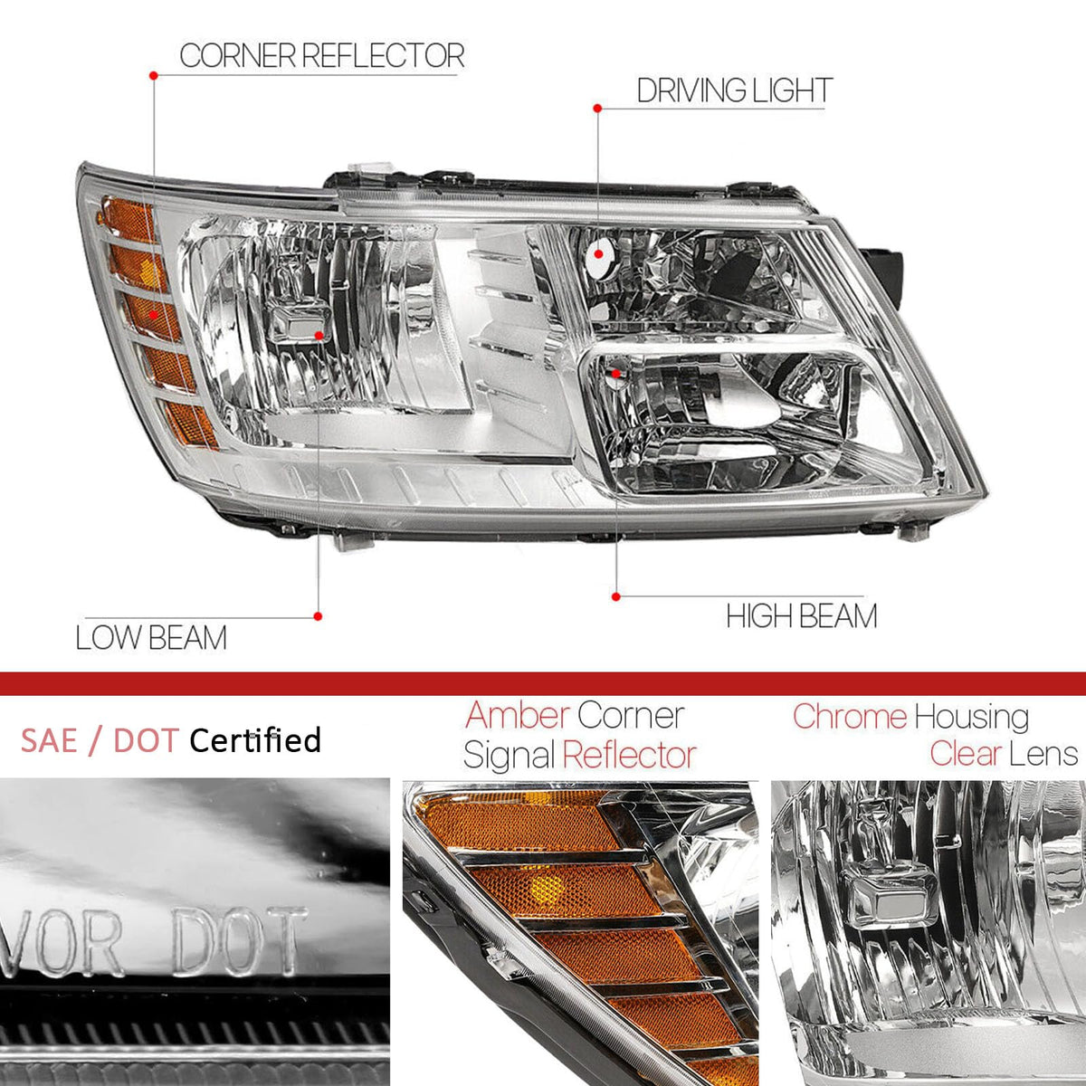 For 2009 2010 2011 2012 2013 2014 2015 2016 2017 2018 2019 2020 Journey Headlight Assembly Compatible with 2009-2018 Dodge Journey Clear Lens Chrome Housing Amber Reflector Headlamp Replacement