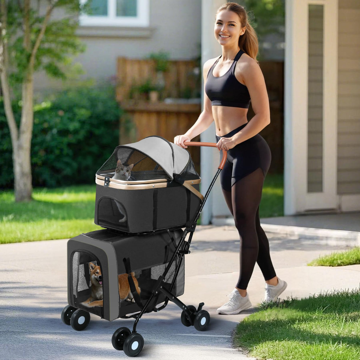 Double Pet Stroller for Dogs and Cats: Dog Stroller Foldable Travel Carriage with Detachable Carriers, Safety Belts, and 4 Lockable Wheels for Small to Medium Pets – Ideal for Multi-Pet Homes (Black)