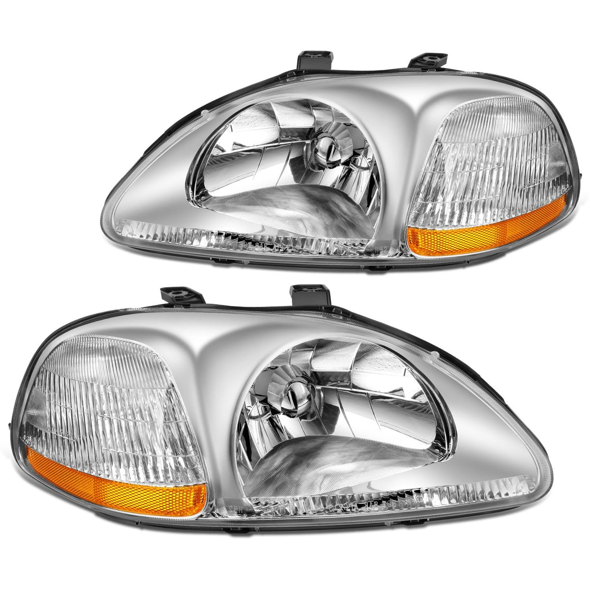 DNA MOTORING Pair Headlight Assembly Compatible With 1996-1998 Honda Civic, Chrome/Amber, HL-OH-HC96-CH-AM