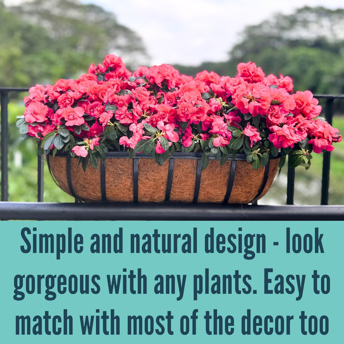 LaLaGreen Fence Planters for Outdoor Plants (24 Inch, 4 Pack) Black Metal Window Boxes Planter To Attach To House, Wall Mounted Flower Coco Baskets Outside Deck Railing Balcony Garden Porch Patio Rail