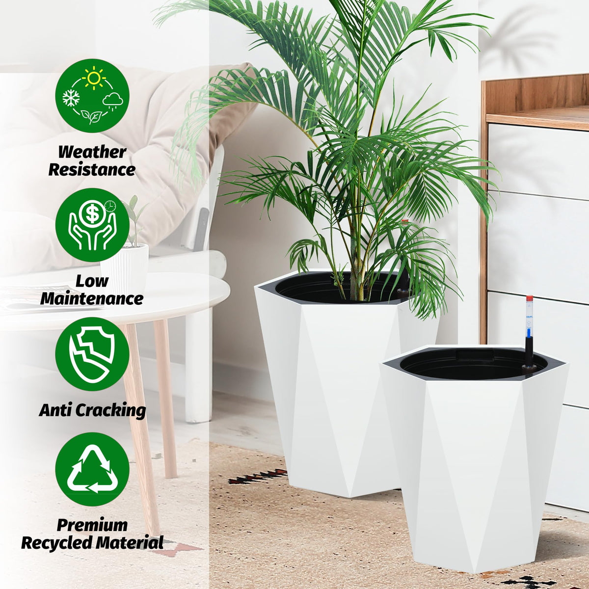 GarveeLife 16 Inch Tall Planters Set of 2, Outdoor Planters Self Watering Plant Pots with Water Level Monitor, Multiple Drainage Holes, Flower Pots for Patio, Porch, Living Room, or Home Office, White