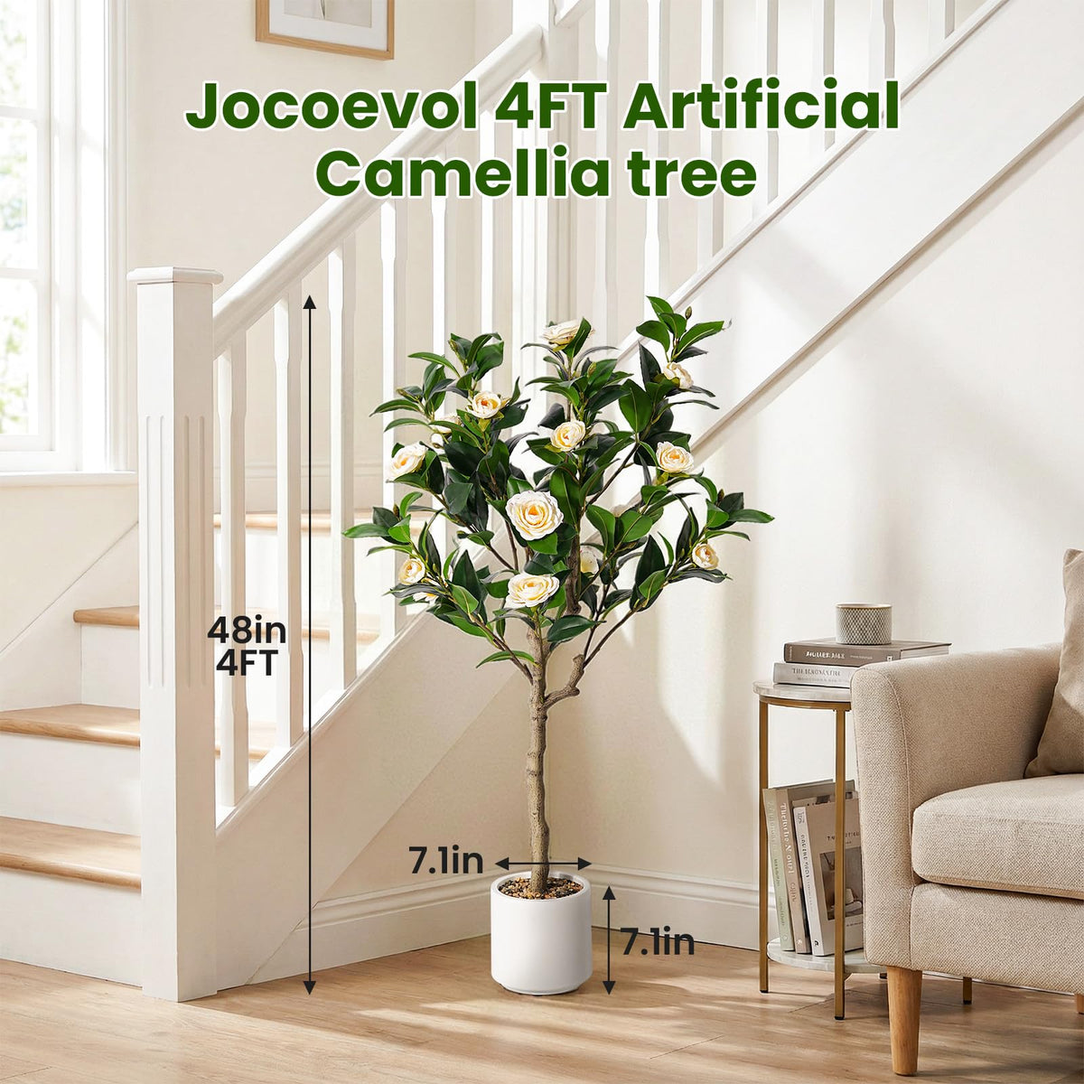 Jocoevol 4FT Artificial Camellia Tree 2 Pack, Fake Floral Plant with Realistic Trunk, Leaves, Flowers & Planter, Flower Artificial Tree, Artificial Flower for Front Porch Decor & Housewarming Gift
