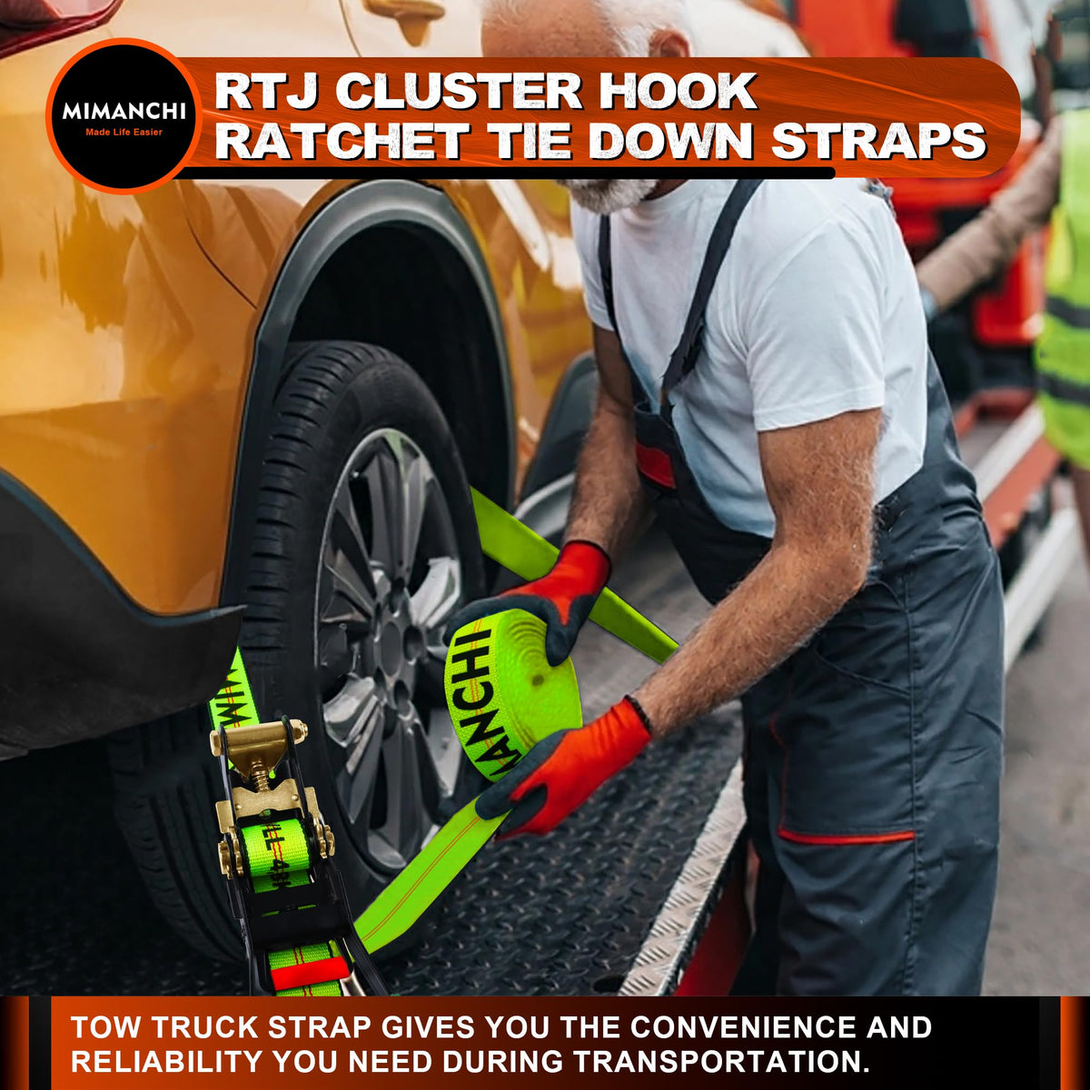 Mimanchi 2" x 12' RTJ Cluster Hook Ratchet Straps with 8 Point Chain, 4 Pack - Heavy Duty Tow Strap for Trucks, Trailers, and Car Haulers - Wheel Tie Down Straps for Tow Trucks & Auto Transport