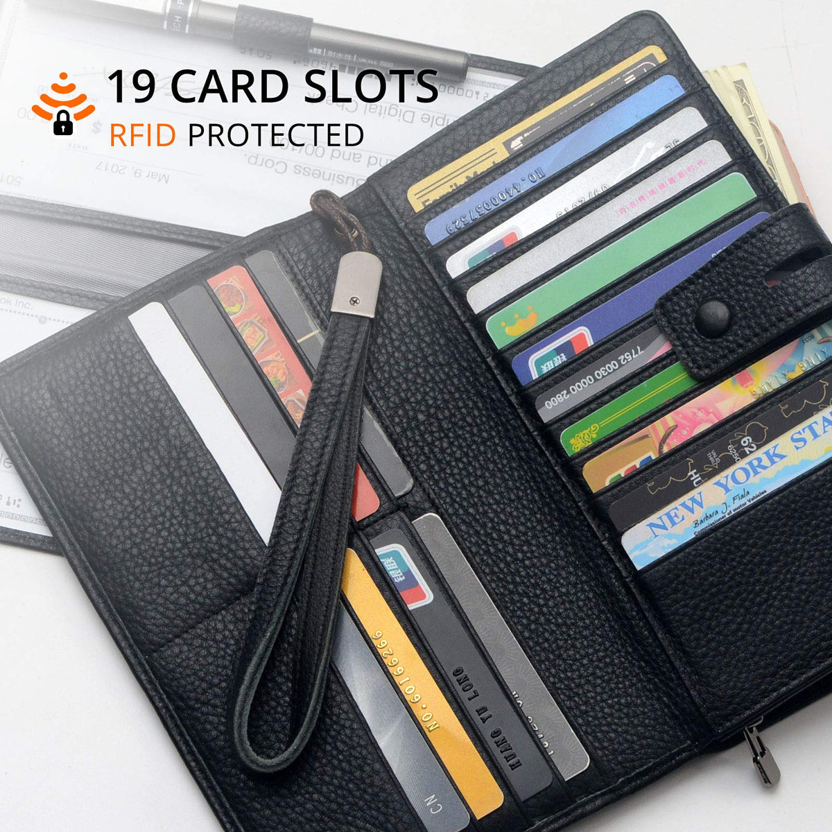 Bveyzi Women's Big Fat Rfid Leather Wristlet Wallet Organizer Large Phone Checkbook Holder with Zipper Pocket (Black)