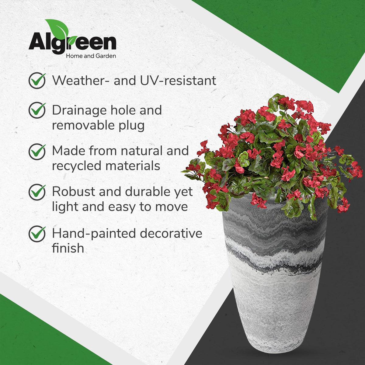 Algreen Products Acerra Composite Vase Planter with Drainage Hole, Decorative Texture, Removable Plug for Lawn and Garden, Marble