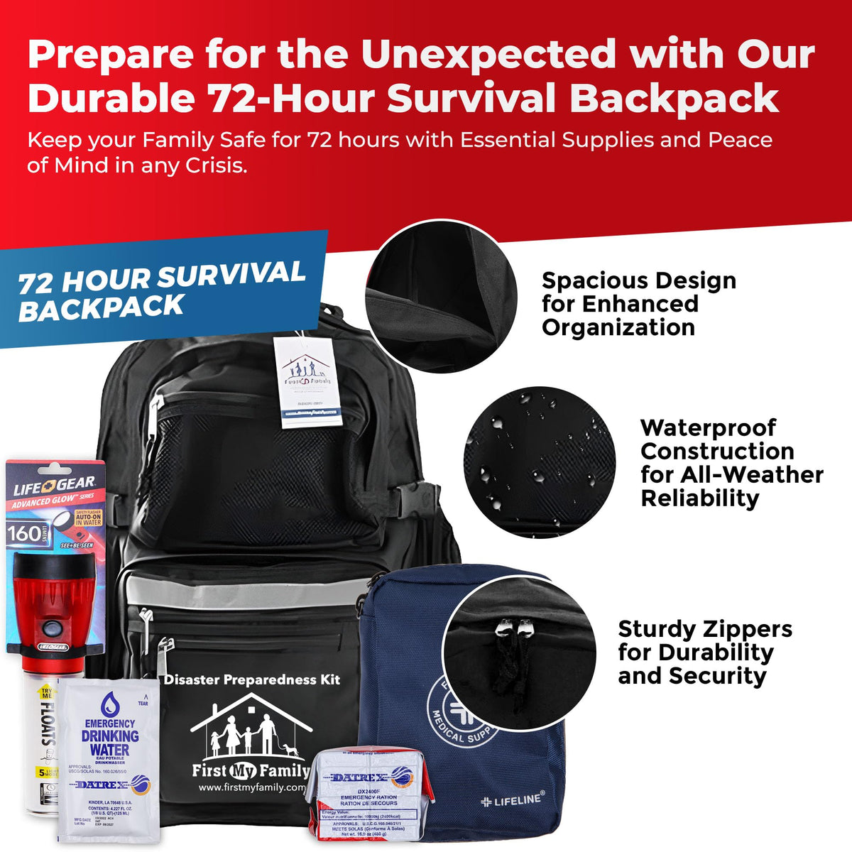 First My Family All-in-One 4 Person, 72 Hour Emergency Survival Kit for Fires, Earthquakes, Hurricanes, Floods, Tsunami and Other Disasters - Premium Black Backpack