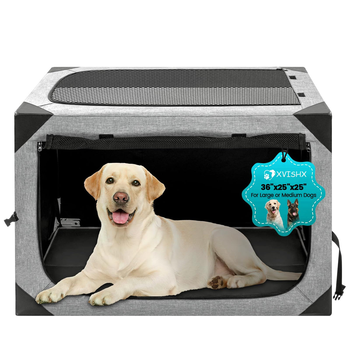 Dog Crate,36x25x25 Inch Large Dog Crate for Large or Medium Dogs, Portable and Foldable Design of Dog Cage, Perfect for Travel or Home Use, Dog Kennel with 3-Door and Durable Mesh Windows, Light Grey