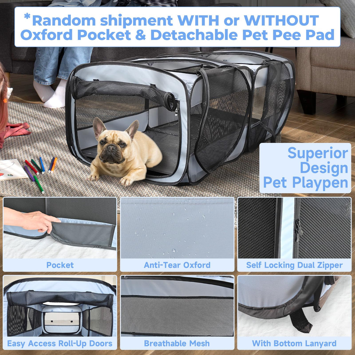 2-in-1 Dog Playpen, 73''Pop Up Cat Puppy Pet Playpen Indoor/Outdoor Cats Enclosed, Cat Dog Tent Crate Cage Kennel, Portable Playpen for Kitten, Small Animals Play Pen(No Divider, Unified Space)