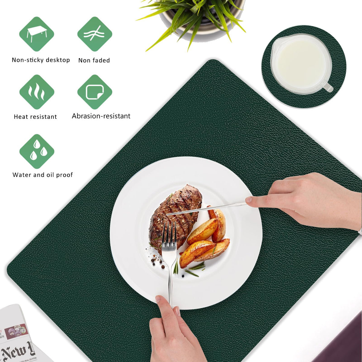 Keaixinyu Placemats and Coasters Set of 6, Waterproof、Oil-Proof Wipeable、Anti Slip PVC Leather Place Mats, Heat Resistant Reversible Table Mats for Kitchen, Dining, Outdoor 17’’×12’’, (Dark Green)