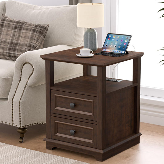 REDAYFUR 24" Tall End Table with Charging Station, Double 18W Fast Charge, Large 18" Bedside Table with Drawers, Rustic Wood Storage Cabinet with Open Shelf for Bedroom, Cherry