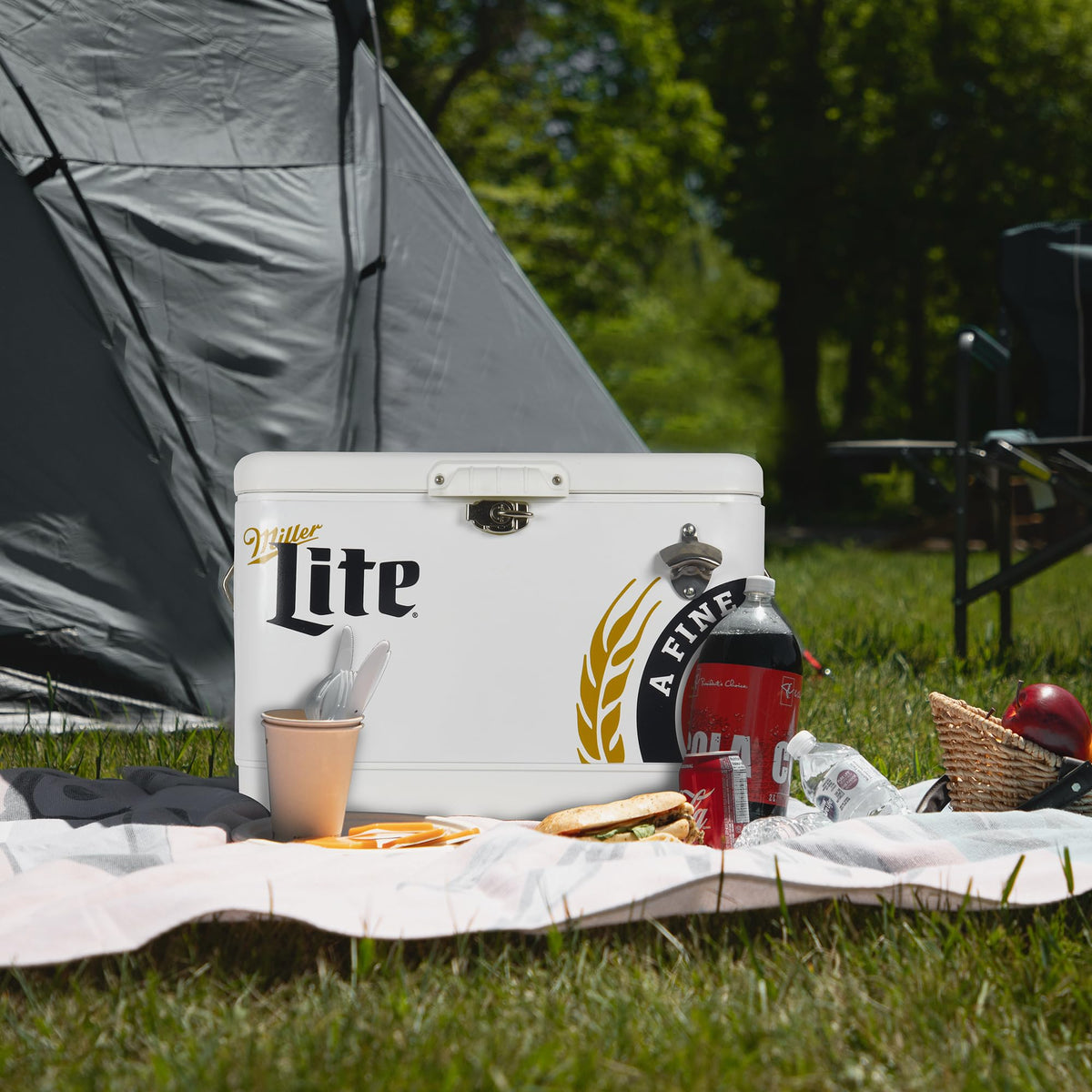 Miller Light Ice Chest Cooler - Portable Ice Bucket with Bottle Opener, Vintage Style, Insulated for Camping, Beach, Picnic, RV, BBQs, Tailgating, Fishing, Steel-Belted, 85 Can Ice Box, 51L (54 qt)