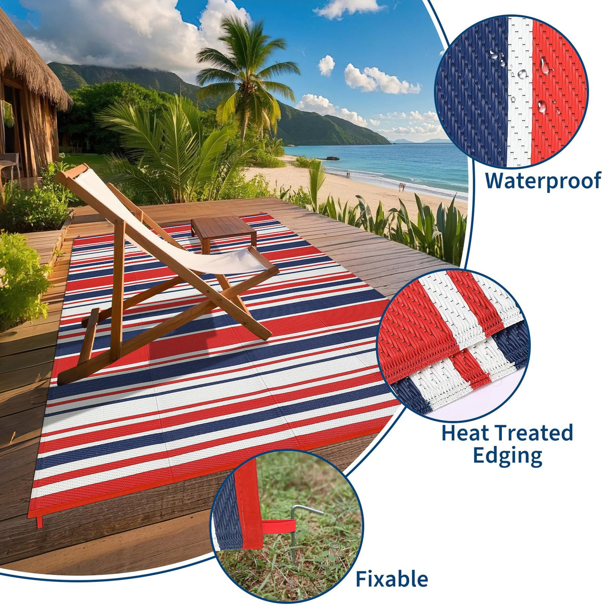 GAOMON 10x20 Outdoor Rug Waterproof for Patio Plastic Straw Large Rug Geometric Stripe Indoor Outdoor Area Rug Modern Lines Outdoor Camping Rugs for RV Porch Deck Backyard Balcony, Red Navy White
