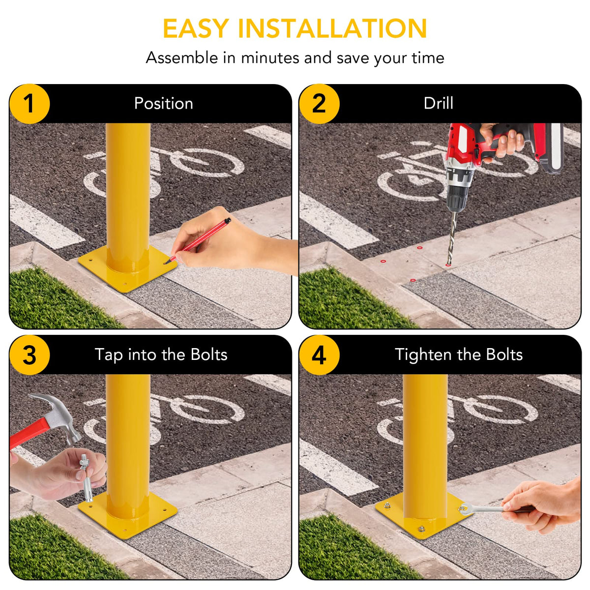 Safety Bollard Post 6 Packs, PeakPursuit 42 Inch Height Steel Bollards, 4.5 Inch Diameter Parking Bollard, Yellow Powder Coated Safety Parking Barrier Post, for Traffic Sensitive Areas