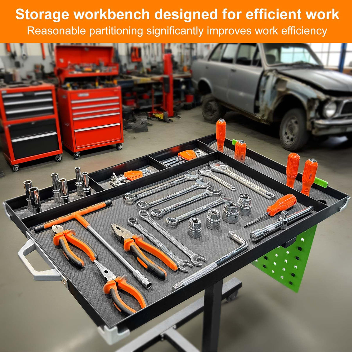 Adjustable Height Mobile Work Table with Rolling Wheels, Rolling Tray Table for Mechanics, Garages, Repair Shops, Warehouse, Workshop, and DIY