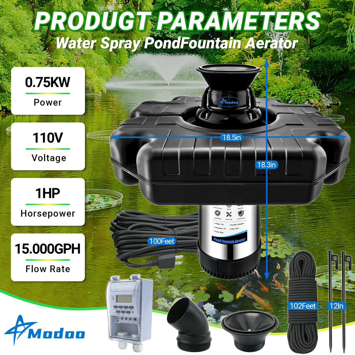 Pond Fountain Aerator, 1HP 750W Floating Fountain Aerator System for Outdoor Small Large Pond Lake, 110V 15000 GPH Fully Automatic Stainless Steel Fountain Pump with 100 Feet Power Cord
