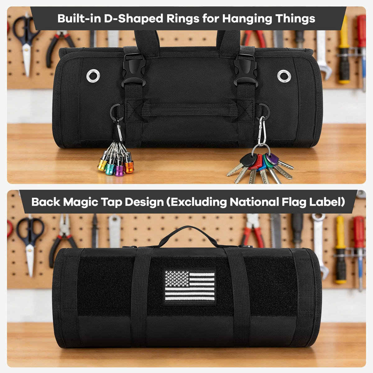 ANILD Roll Up Tool Bag Organizer, Heavy Duty Portable Tool Roll Organizer Bag with 2 Detachable Pouches, Father’s Day Gift, Gifts for Men, Electrician, Mechanic& Hobbyist (Black, Large)