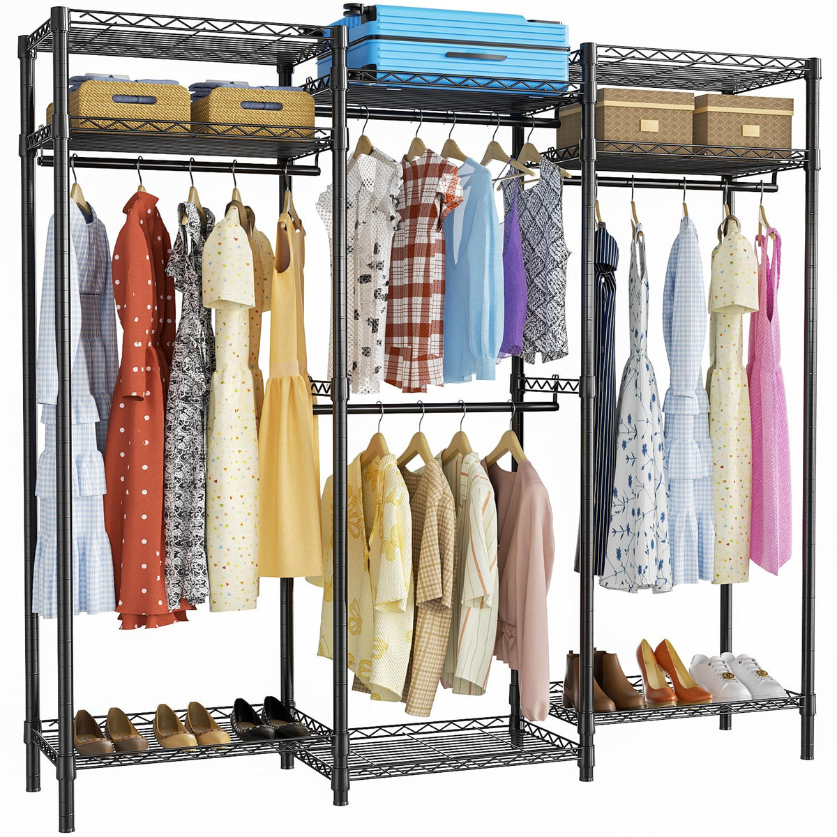 ROOMTEC Portable Closet Heavy Duty Clothes Rack Freestanding Wardrobe Closet Load 1000 LBS with Adjustable Wire Shelves, Hanging Rods, Hooks, 70.8" L x 15.1" W x 76.7" H, Black