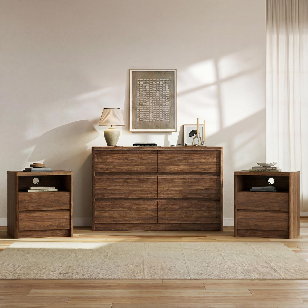 Now Mais 6 Drawer Walnut Dresser for Bedroom, 47.2" Wide Modern Chest of Drawers with 6 Large Storage Space with Curved Edge Design, Large Dresser for Bedroom,Walnut