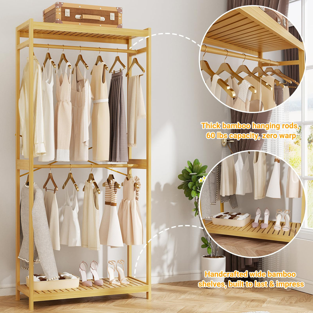 Homykic Bamboo Clothes Rack with Shelves and Double Hang Rods, Portable Closet System Garment Rack for Hanging Clothes, Tall Clothing Rack Corner Closet Organizer, Easy to Built, Natural