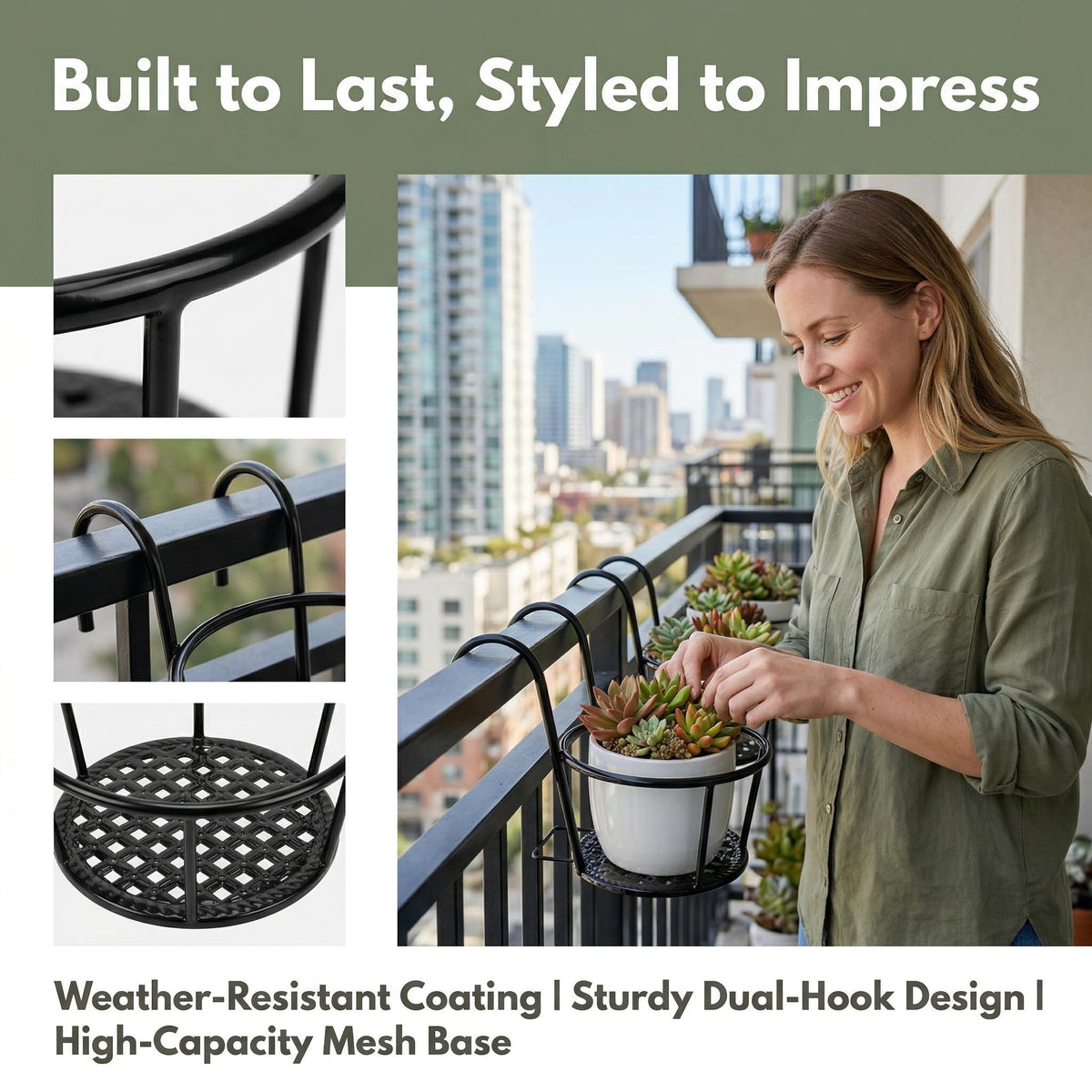 Nancyzhenpin Metal Hanging Railing Planter, Flower Pot Holder for Balcony Fence, Adjustable Steel Plant Stand, Indoor Outdoor Garden Mounted Shelf (6, Black)