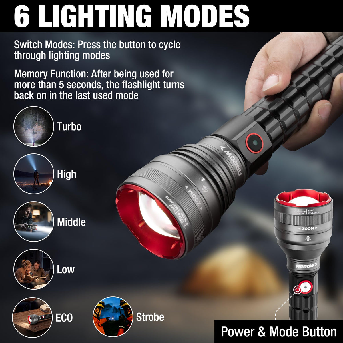 Arrow Rechargeable Flashlights 12000 Lumens, 6 Modes Bright LED Flashlight with Memory Function, IPX7 Waterproof, Zoomable Flash Light with Dual Power Design, USB-C Input Output for Outdoor Emergency