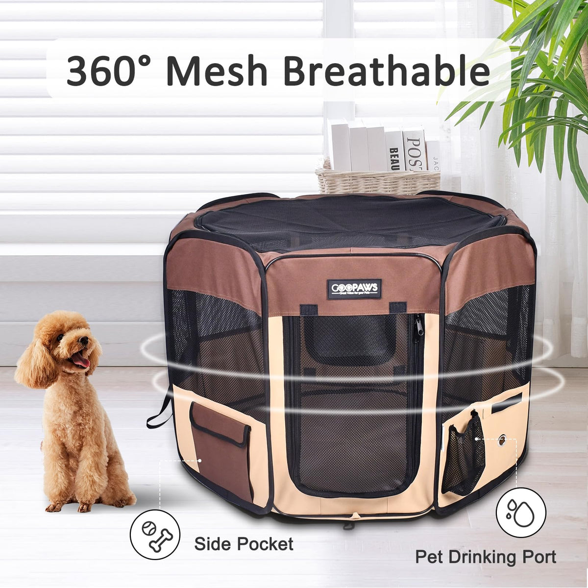 JESPET 61" Pet Dog Playpens, Portable Soft Dog Exercise Pen Kennel with Carry Bag for Puppy Cats Kittens Rabbits, Brown