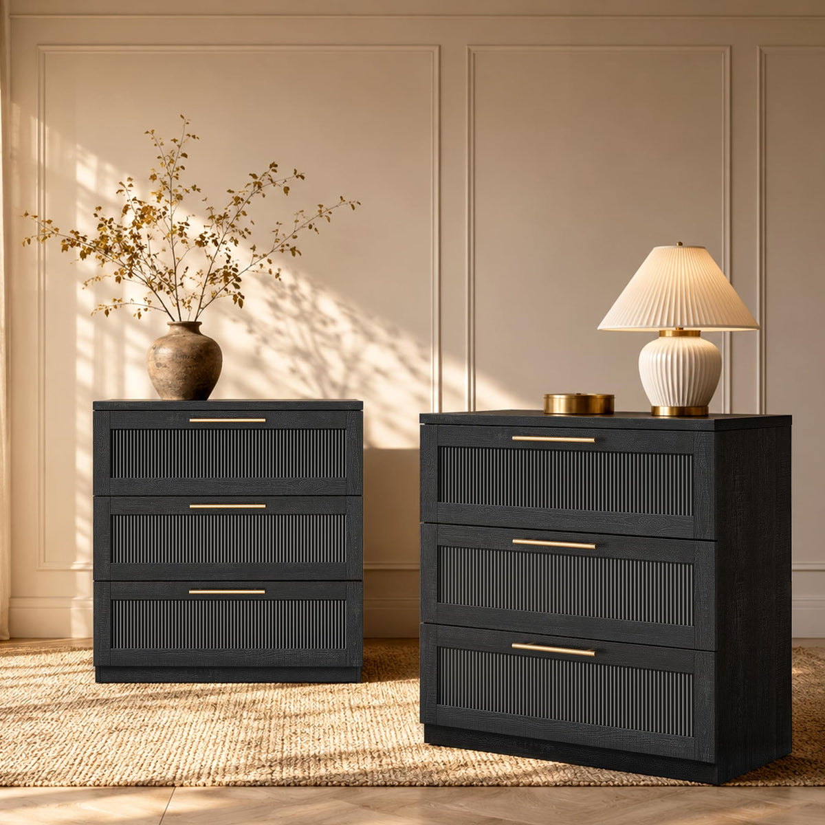 ModernMate 3 Drawer Dresser for Bedroom, Black Wood Grain Wide Nightstand and Chest of Drawers with Wave-Panel Front, 31" Tall Modular Storage Cabinet for Living Room