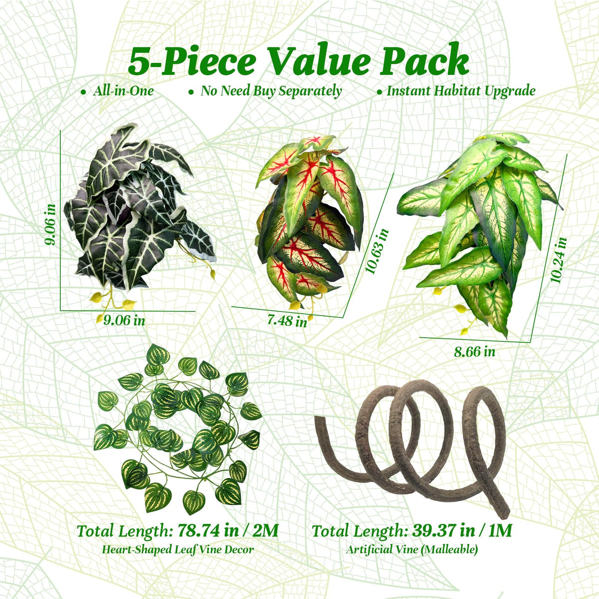 5 Pcs Reptile Plants & Habitat Decor Kit - 3 Artificial Plants & Large 3.3ft Jungle Vine Branch, TTerrarium Hanging Plants Vines for Crested Gecko, Leopard,Bearded Dragon, Lizard,Chameleon,Ball Python