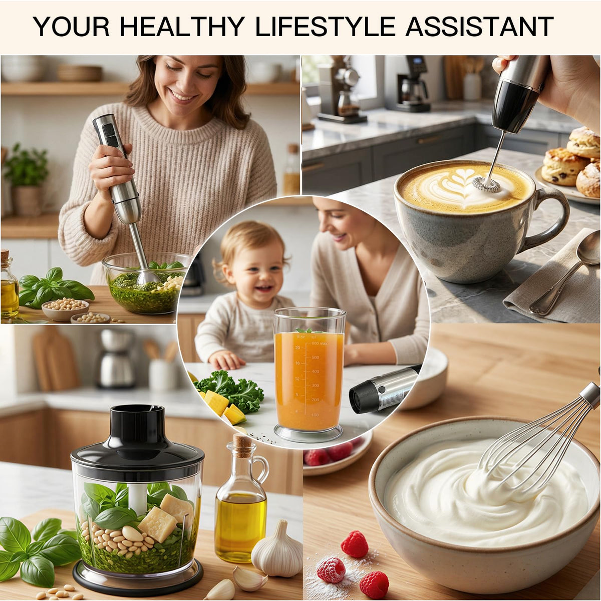 Megawise HB-2080 1000W 5-in-1 Immersion Hand Blender, Powerful Stick Blender with Variable Speed & Turbo, Stainless Steel Shaft & Blades, Includes Whisk, Frother, Chopper Bowl & Beaker