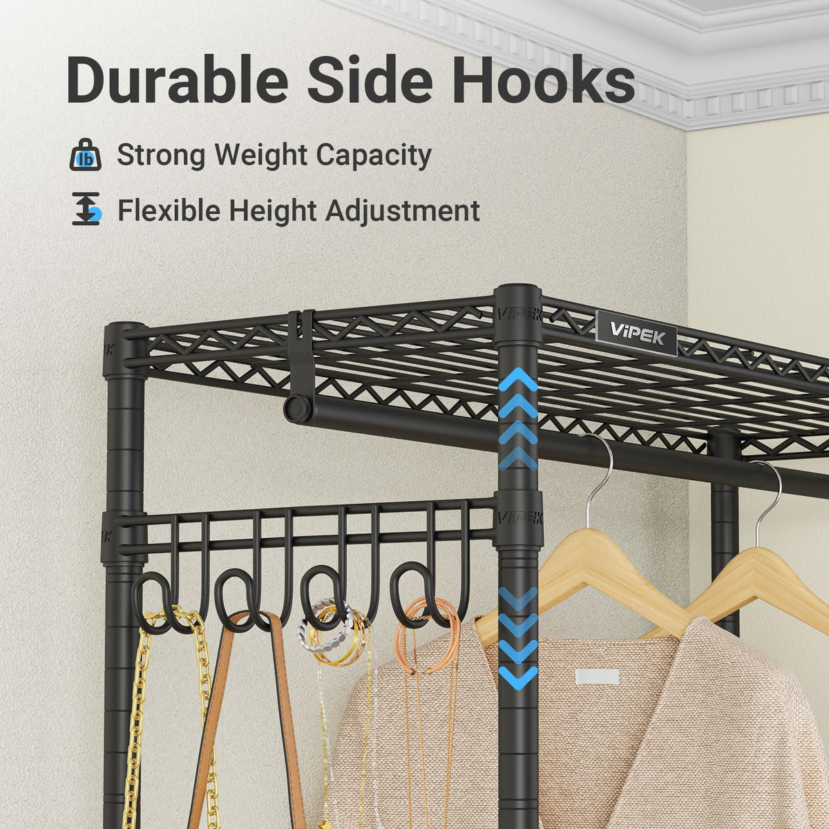 VIPEK R3 Heavy Duty Garment Rack with Lockable Wheels, Portable Rolling Closet with Adjustable Shelves & Hanging Rod & Side Hooks, Compact Space-Saving Storage for Small Apartments/Dorms (Black)