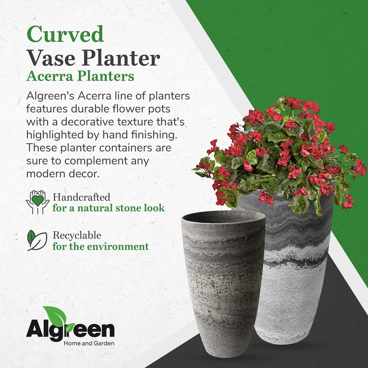 Algreen Products Acerra Composite Vase Planter with Drainage Hole, Decorative Texture, Removable Plug for Lawn and Garden, Marble