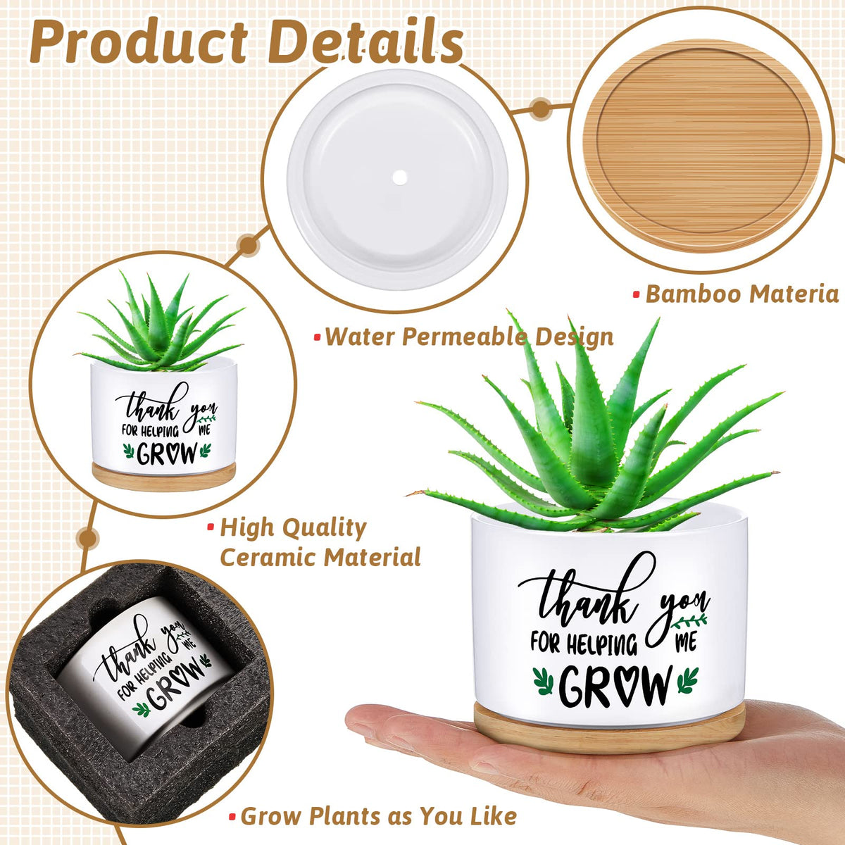 Newtay 2 Pcs End of Year Teacher Gifts Thank You for Helping Me Grow Pots Ceramic Succulent Pots White Flower Planter Pot Teachers Appreciation Gifts for Graduation Back to School